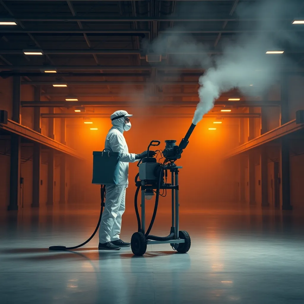 Professional industrial disinfection worker in protective wh