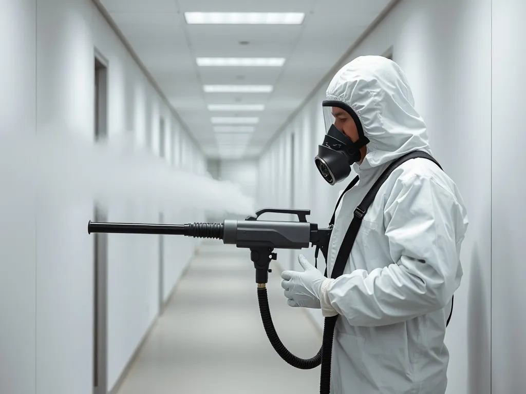 A professional technician in a white hazmat suit using a fog