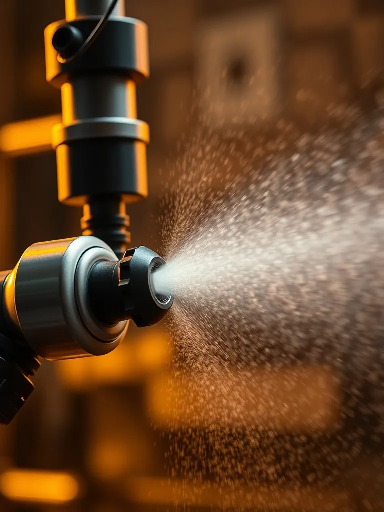 Detailed view of a high-tech disinfection nozzle spraying a